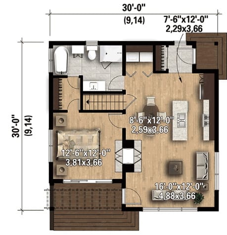 plano de casa moderna pequeña de 75 m2