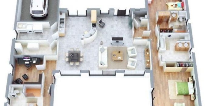 Plano de Casa 3D Moderna – Chalet de una Planta 150m2